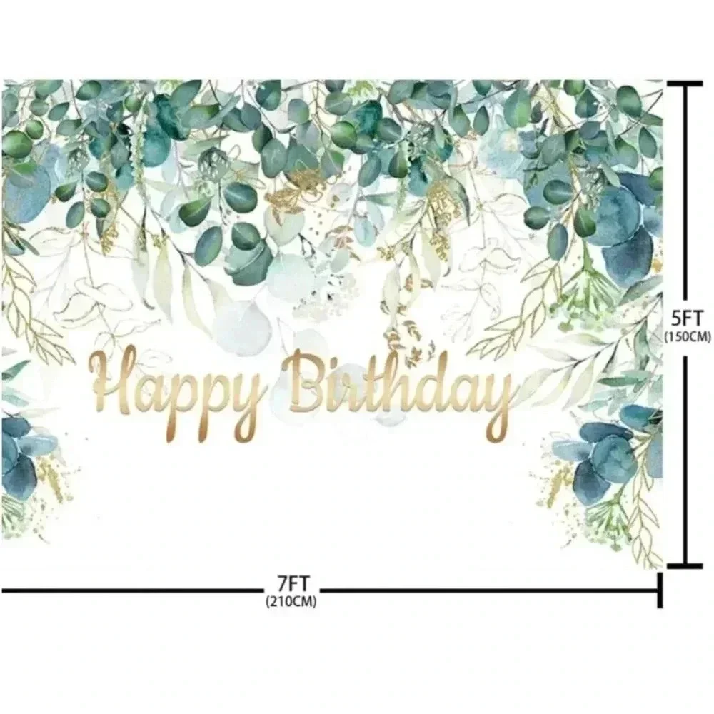 7x5ft Greenery Happy Birthday Backdrop Gold Green Eucalyptus Leaves Bundle